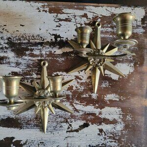 Vintage Set Brass Starburst Double Candlestick Wall Sconces Candle Holders